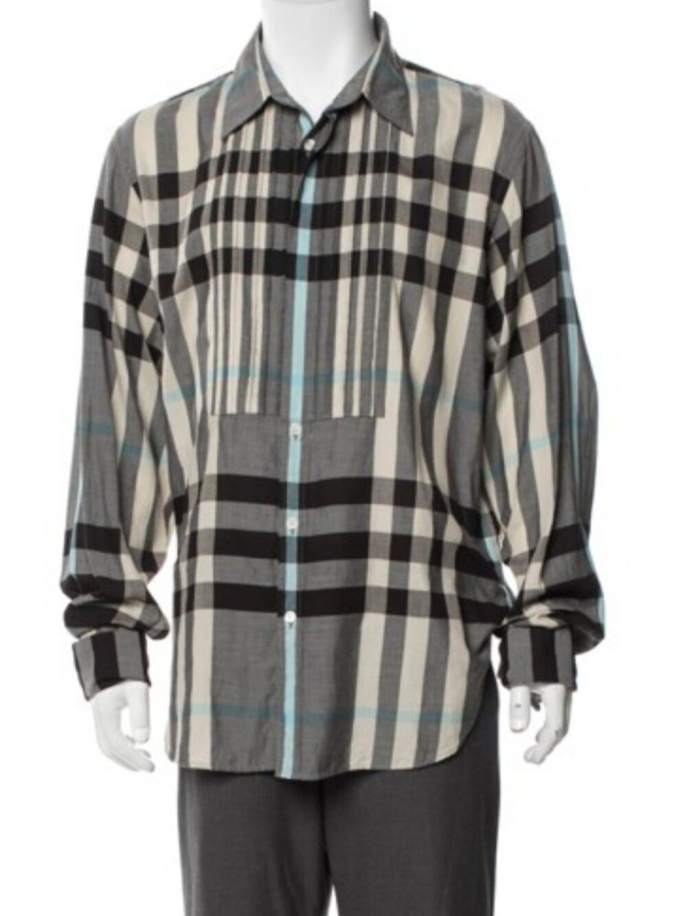 Burberry plaid check pleated bib long sleeve tuxedo shirt men's size M